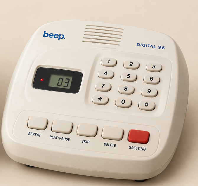 Beep Digital 96 in cream with an exposed numeric keypad and REPEAT, PLAY/PAUSE, SKIP, DELETE, and red GREETING controls
