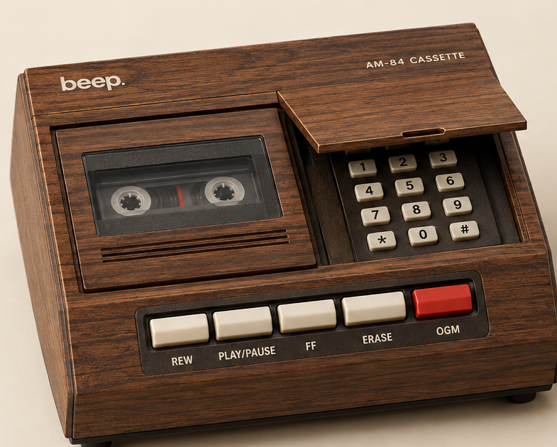 Beep AM-84 Cassette in wood grain, with a covered numeric keypad and REW, PLAY/PAUSE, FF, ERASE, and red OGM controls