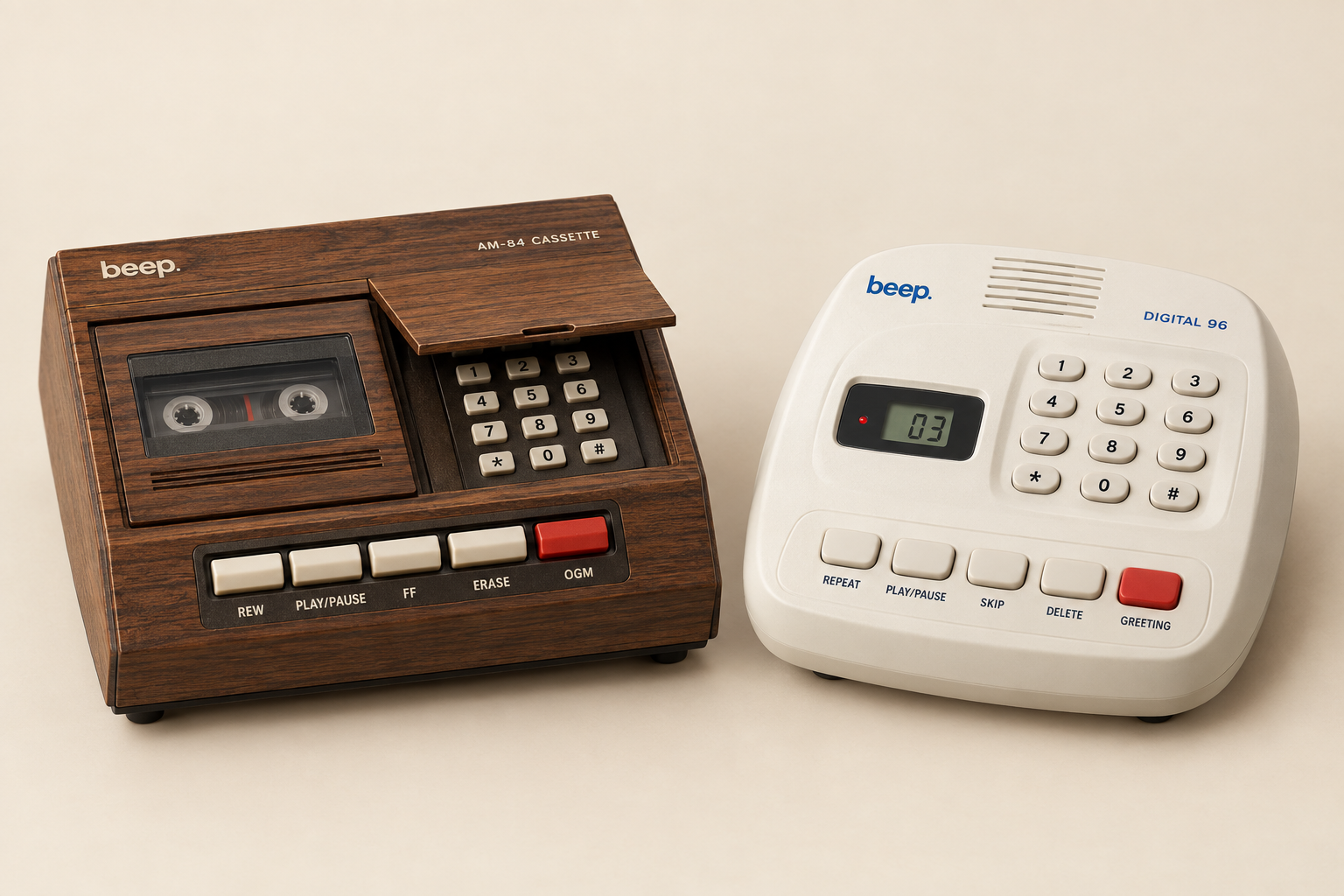 The Beep AM-84 Cassette, a wood-grain answering machine with a keypad beneath its hinged flap, beside the cream Digital 96 with an exposed keypad
